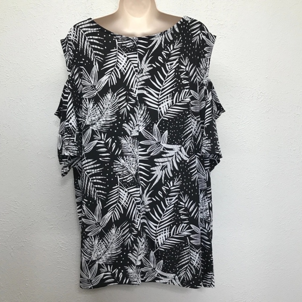 Catherines Shirt Top Womens 3X Black White‎ Tropical Stretch Cold Shoulder - Picture 4 of 7